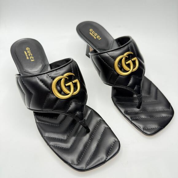 Gucci Marmont GG Padded Chevron Matelasse Leather Thong Sandal Heels EU 39